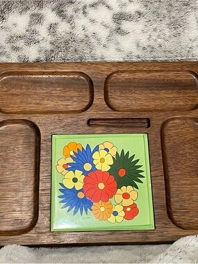 Vintage GI Wendy Hand Carved Japan Hardwood Charcuterie Board with floral tile.